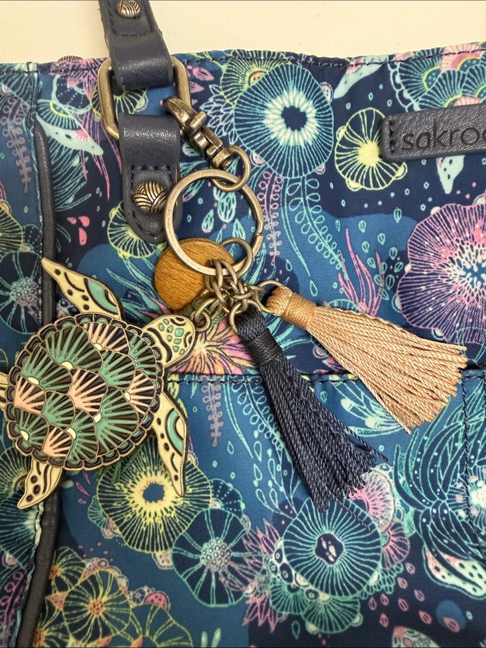 Sakroots Navy Multicolor Floral Tote with Tassel Charm - Picture 3 of 11